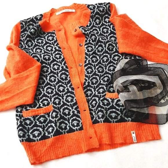 WOOLRICH Wool Mohair Sheep Motif Cardigan Orange Black - Picture 6 of 12